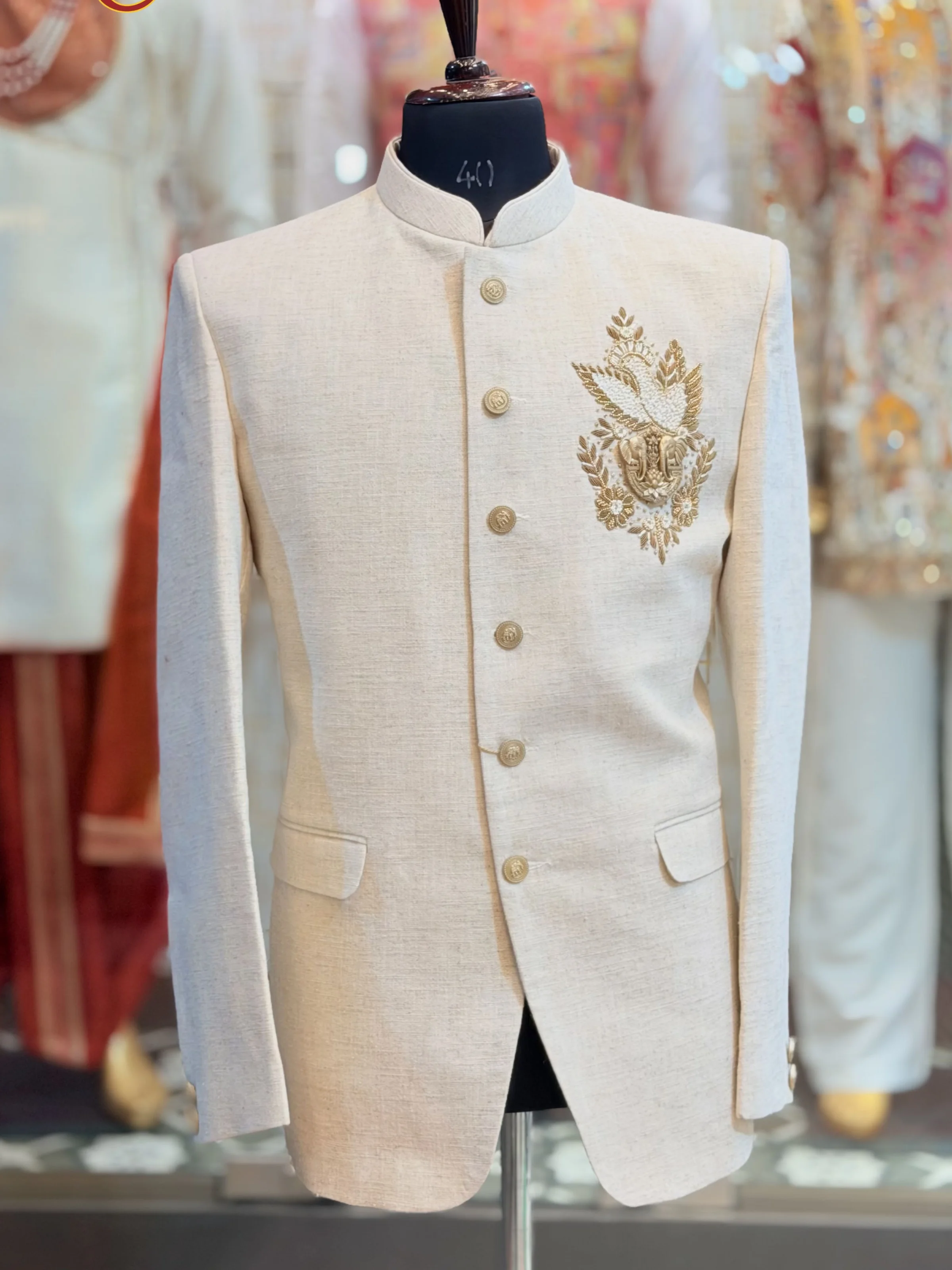 Cream Linen Jodhpuri Set, Zardozi